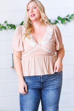 Load image into Gallery viewer, Taupe Crinkle Embroidered Smocked Babydoll Top