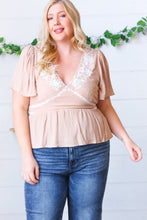 Load image into Gallery viewer, Taupe Crinkle Embroidered Smocked Babydoll Top
