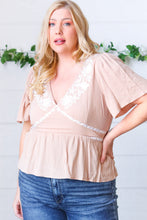 Load image into Gallery viewer, Taupe Crinkle Embroidered Smocked Babydoll Top