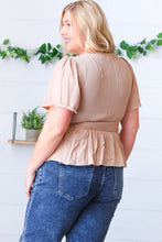 Load image into Gallery viewer, Taupe Crinkle Embroidered Smocked Babydoll Top