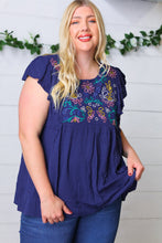 Load image into Gallery viewer, Navy Floral Embroidered Flutter Sleeve Top