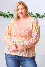 Load image into Gallery viewer, Peach/Teal Floral Square Neck Smocked Challis Blouse