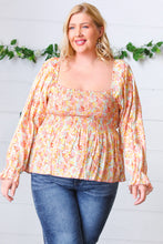 Load image into Gallery viewer, Peach/Teal Floral Square Neck Smocked Challis Blouse