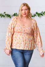 Load image into Gallery viewer, Peach/Teal Floral Square Neck Smocked Challis Blouse