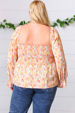 Load image into Gallery viewer, Peach/Teal Floral Square Neck Smocked Challis Blouse