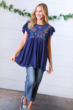 Load image into Gallery viewer, Navy Floral Embroidered Flutter Sleeve Top