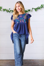 Load image into Gallery viewer, Navy Floral Embroidered Flutter Sleeve Top