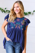 Load image into Gallery viewer, Navy Floral Embroidered Flutter Sleeve Top