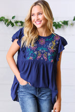 Load image into Gallery viewer, Navy Floral Embroidered Flutter Sleeve Top