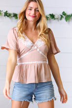 Load image into Gallery viewer, Taupe Crinkle Embroidered Smocked Babydoll Top