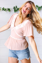 Load image into Gallery viewer, Taupe Crinkle Embroidered Smocked Babydoll Top