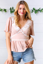 Load image into Gallery viewer, Taupe Crinkle Embroidered Smocked Babydoll Top