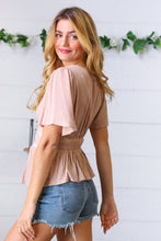 Load image into Gallery viewer, Taupe Crinkle Embroidered Smocked Babydoll Top