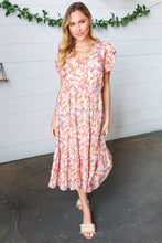 Load image into Gallery viewer, Coral Floral Boho Elastic Waist Ruffle Midi Dress