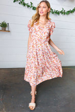 Load image into Gallery viewer, Coral Floral Boho Elastic Waist Ruffle Midi Dress