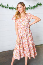 Load image into Gallery viewer, Coral Floral Boho Elastic Waist Ruffle Midi Dress
