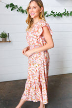 Load image into Gallery viewer, Coral Floral Boho Elastic Waist Ruffle Midi Dress