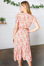 Load image into Gallery viewer, Coral Floral Boho Elastic Waist Ruffle Midi Dress