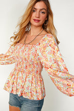 Load image into Gallery viewer, Peach/Teal Floral Square Neck Smocked Challis Blouse
