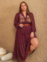 Load image into Gallery viewer, Plus Size Embroidered Polka Dot Tie Neck Long Sleeve Midi Dress