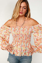 Load image into Gallery viewer, Peach/Teal Floral Square Neck Smocked Challis Blouse