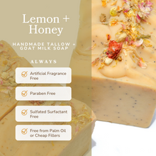Load image into Gallery viewer, Lemon + Honey + Poppy Seed Handmade Tallow and Goat Milk Soap Bar