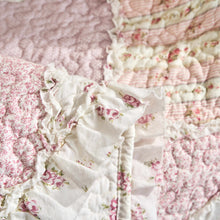 Load image into Gallery viewer, Cotton Patchwork Throw Blanket - Floral Cottage Quilted Reversible Blush Pink & Cream Shabby Chic Botanical Ruffle Design - Vintage Garden Rose Pastel Accents (3031)- 50 x 60