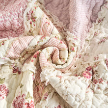 Load image into Gallery viewer, Cotton Patchwork Throw Blanket - Floral Cottage Quilted Reversible Blush Pink & Cream Shabby Chic Botanical Ruffle Design - Vintage Garden Rose Pastel Accents (3031)- 50 x 60