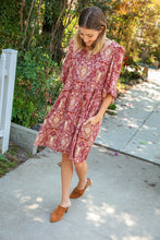Load image into Gallery viewer, Cranberry Paisley Woven Bubble Sleeve Midi Dress