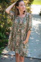 Load image into Gallery viewer, Olive Boho Paisley Woven Bubble Sleeve Midi Dress