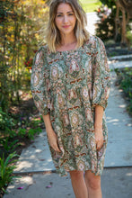 Load image into Gallery viewer, Olive Boho Paisley Woven Bubble Sleeve Midi Dress