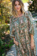 Load image into Gallery viewer, Olive Boho Paisley Woven Bubble Sleeve Midi Dress