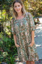 Load image into Gallery viewer, Olive Boho Paisley Woven Bubble Sleeve Midi Dress