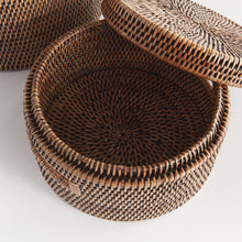 Load image into Gallery viewer, BURMA RATTAN ROUND LIDDED BOXES, SET OF 2