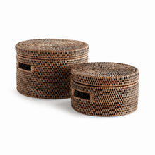Load image into Gallery viewer, BURMA RATTAN ROUND LIDDED BOXES, SET OF 2