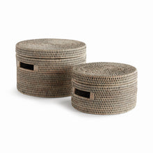 Load image into Gallery viewer, BURMA RATTAN ROUND LIDDED BOXES, SET OF 2