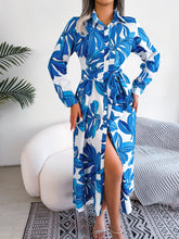 Load image into Gallery viewer, Bold Botanical Tied Button Up Long Sleeve Dress