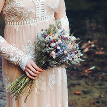 Load image into Gallery viewer, Dried Flower Bouquet with Blue Lavender, Pink Gomphrena, Daisies, Wheat & Oregano
