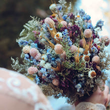 Load image into Gallery viewer, Dried Flower Bouquet with Blue Lavender, Pink Gomphrena, Daisies, Wheat & Oregano