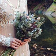 Load image into Gallery viewer, Dried Flower Bouquet with Blue Lavender, Pink Gomphrena, Daisies, Wheat & Oregano