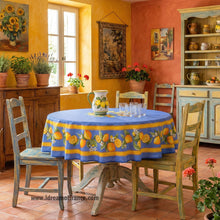 Load image into Gallery viewer, French Provencal tablecloth - Cotton, natural or acrylic-coated - 70" round - Lemon blue| Tissus Toselli