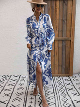 Load image into Gallery viewer, Mykonos Florals Printed Tie Waist Notched Neck Midi Dress