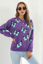 Load image into Gallery viewer, Bright Butterfly Pattern Round Neck Dropped Shoulder Sweater