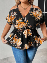 Load image into Gallery viewer, Plus Size Floral Print Cold Shoulder Surplice Neck Blouse
