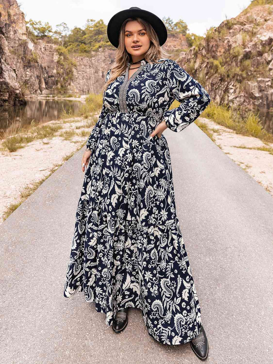 Dark Navy Floral Plus Size Long Sleeve Maxi Dress Dark Navy / 0XL