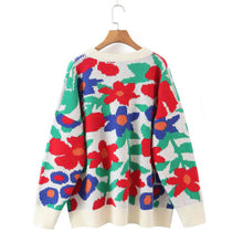 Load image into Gallery viewer, Retro Floral Round Neck Drop Shoulder Sweater