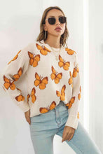 Load image into Gallery viewer, Bright Butterfly Pattern Round Neck Dropped Shoulder Sweater
