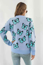 Load image into Gallery viewer, Bright Butterfly Pattern Round Neck Dropped Shoulder Sweater