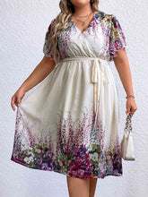 Load image into Gallery viewer, Secret Garden - Plus Size Floral Tie Waist Surplice Neck Dress