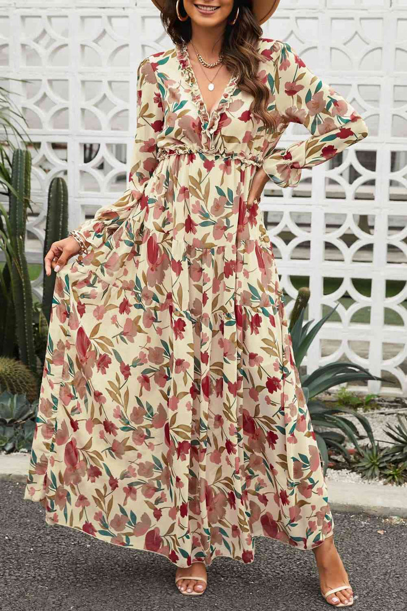 knee length dresses for ladies Umgee Floral Print Maxi Dress with Puff Sleeves in Plum/Mauve S main image 1